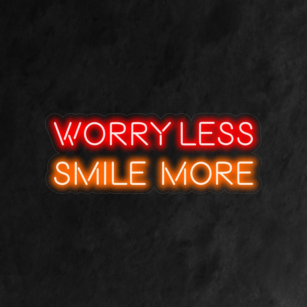 "Worry Less Smile More Neon Sign" on positiivinen ja kohottava lisä sisustukseen. Neonvalo, joka kannustaa huolettomaan asenteeseen ja kirkkaaseen hymyyn.