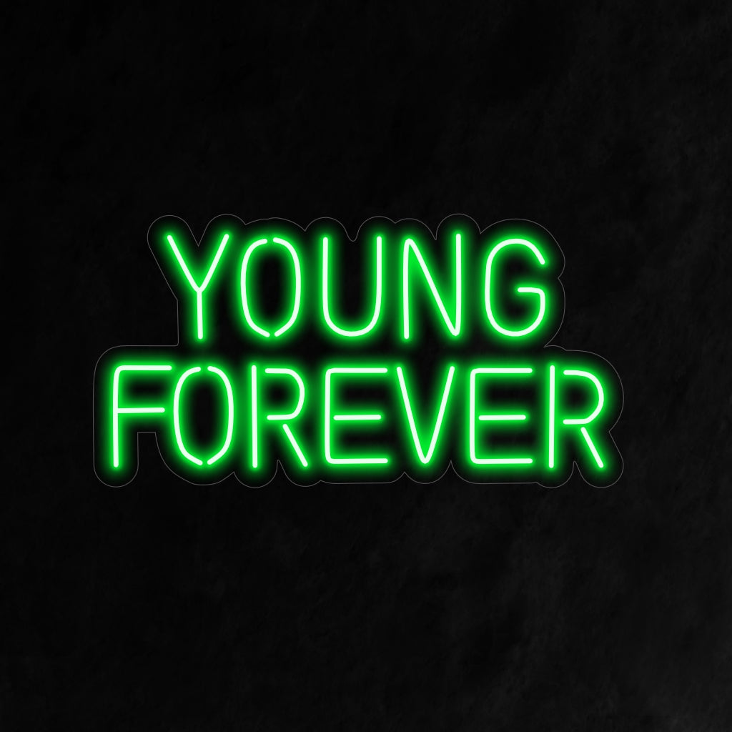 "Young Forever Neon Sign" huokuu eloisaa ja huoletonta hehkua luoden tunnelman, joka juhlii tilassasi ikuisesti nuorena pysymisen iloa ja henkeä.