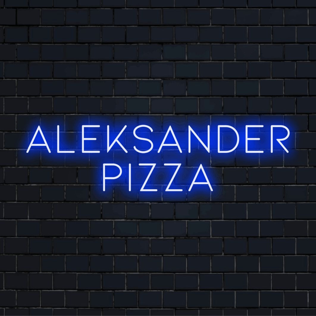 Aleksander Pizza Custom Name Neon Sign, bright neon glow against black brick wall