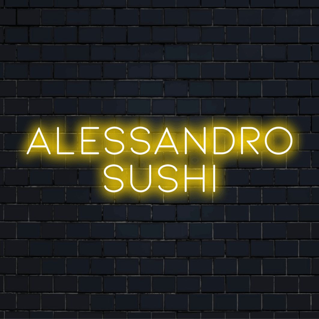 Alessandro Sushi Custom Name Neon Sign, glowing wall decor against brick backdrop