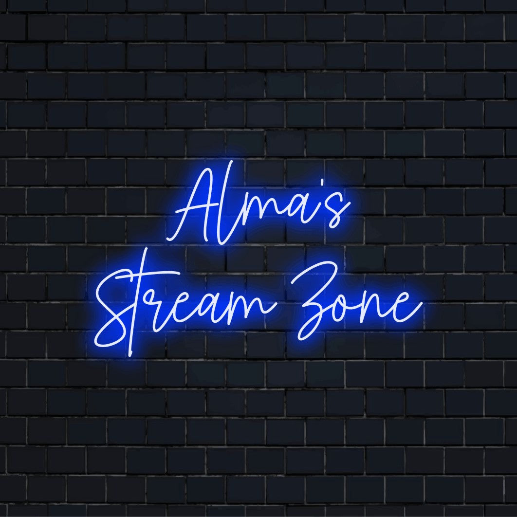 Alma_s Stream Zone Personalized LED Neon Sign, glowing wall decor on dark brick background