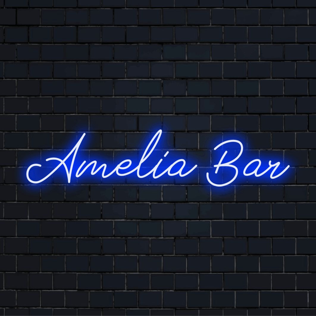 Amelia Bar Personalized LED Neon Sign, glowing neon text on dark brick background