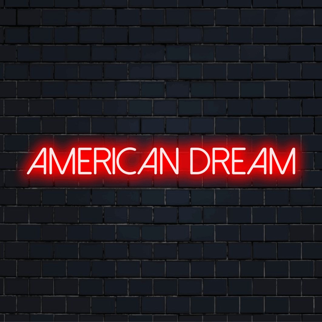 American Dream Neon Light with soft neon glow on dark brick wall