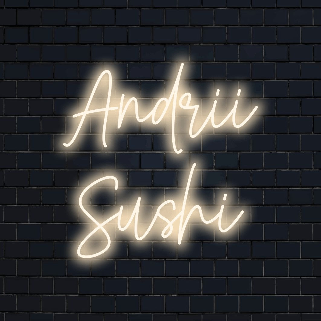 Andrii Sushi Custom Name Neon Sign, soft neon glow on dark brick background