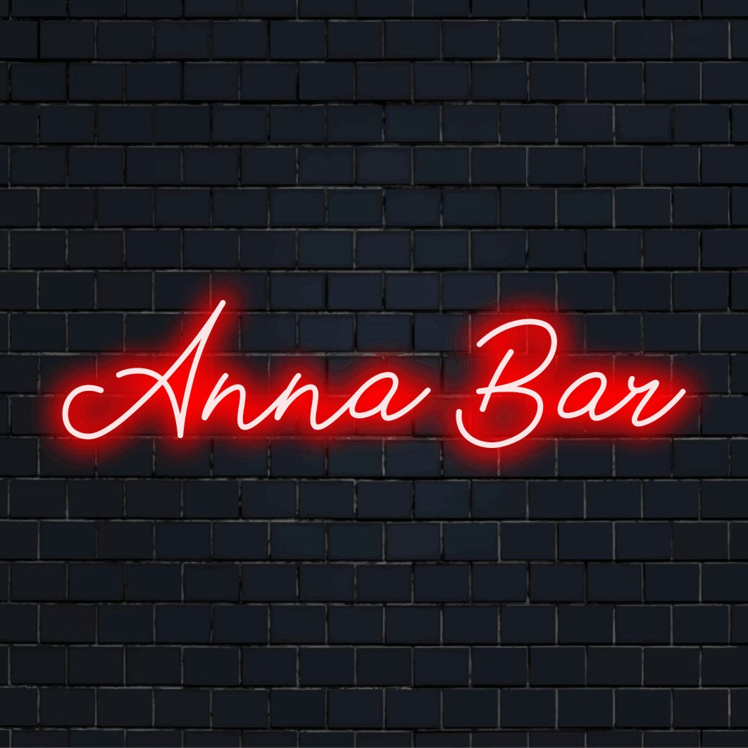 Anna Bar Custom Name Neon Sign, glowing wall decor on dark brick wall