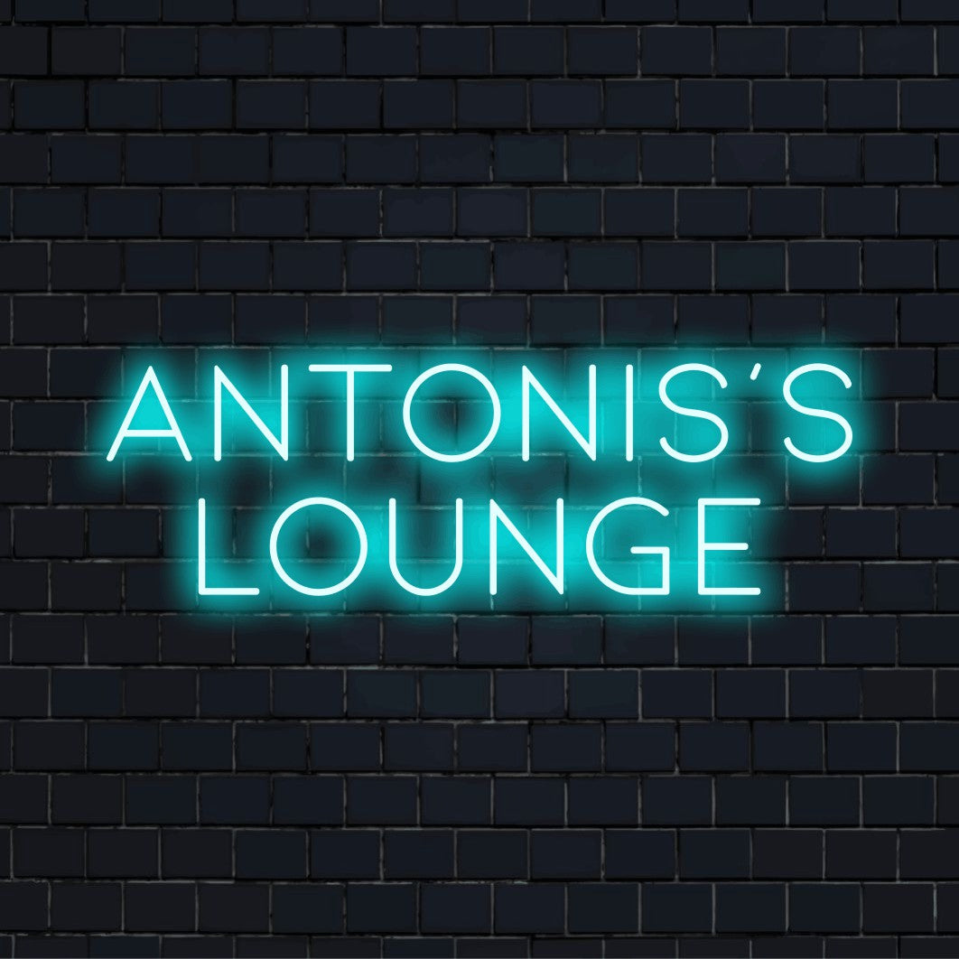 Antonis_s Lounge Personalized LED Neon Sign, glowing wall decor against black brick wall