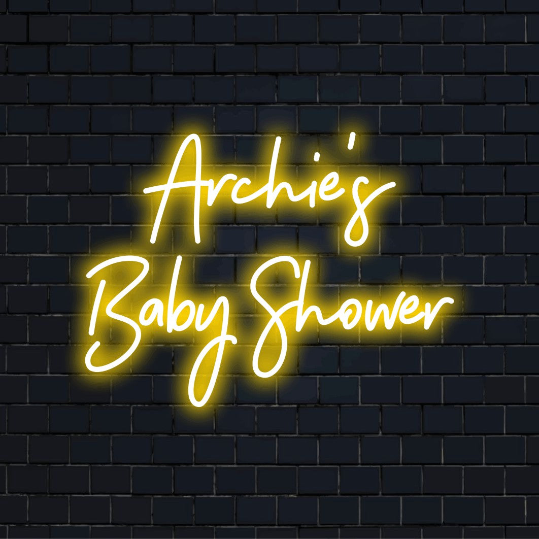 Archie_s Baby Shower Personalized LED Neon Sign, bright LED glow on black brick background