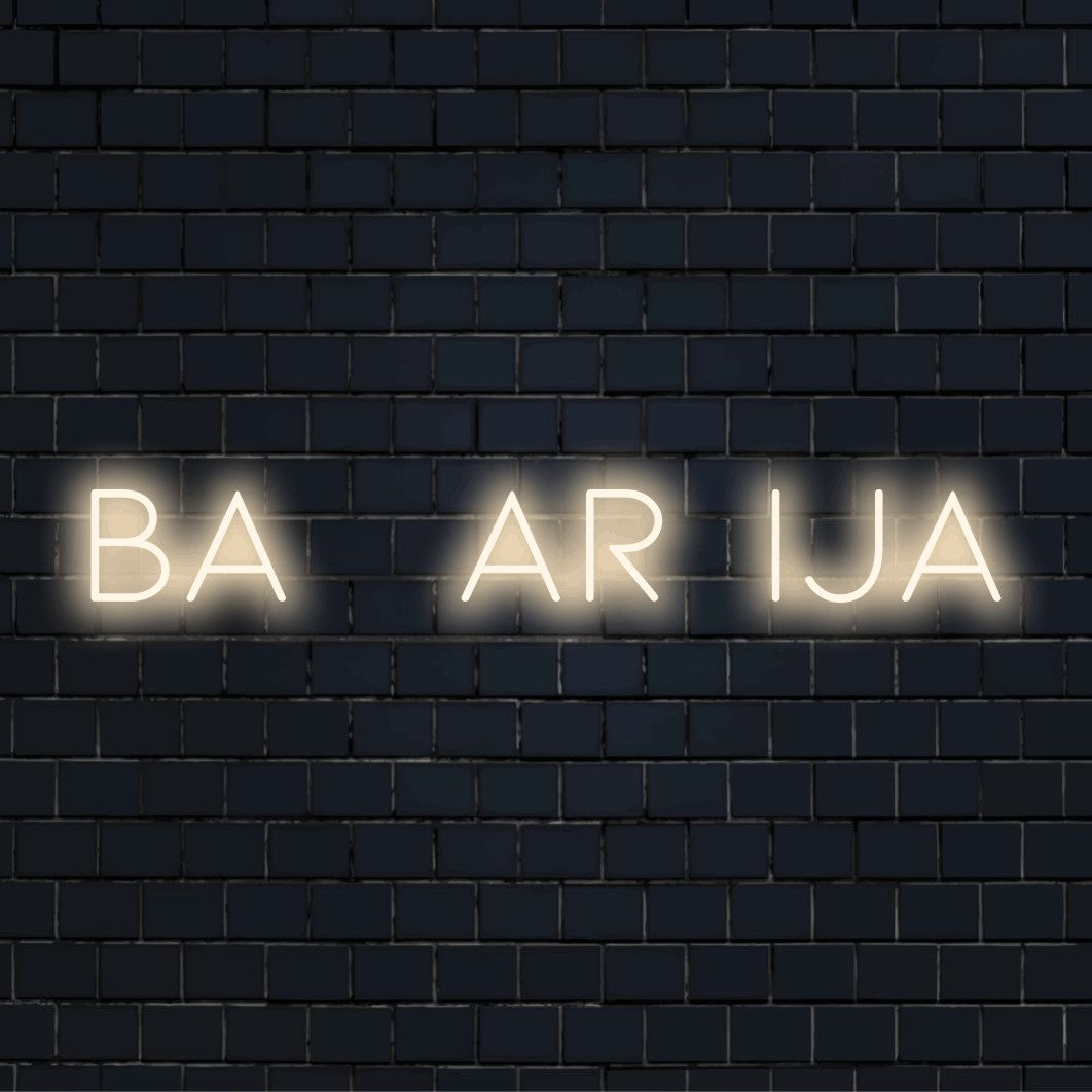 Ba Ar Ija Neon Sign, soft neon glow on dark brick background