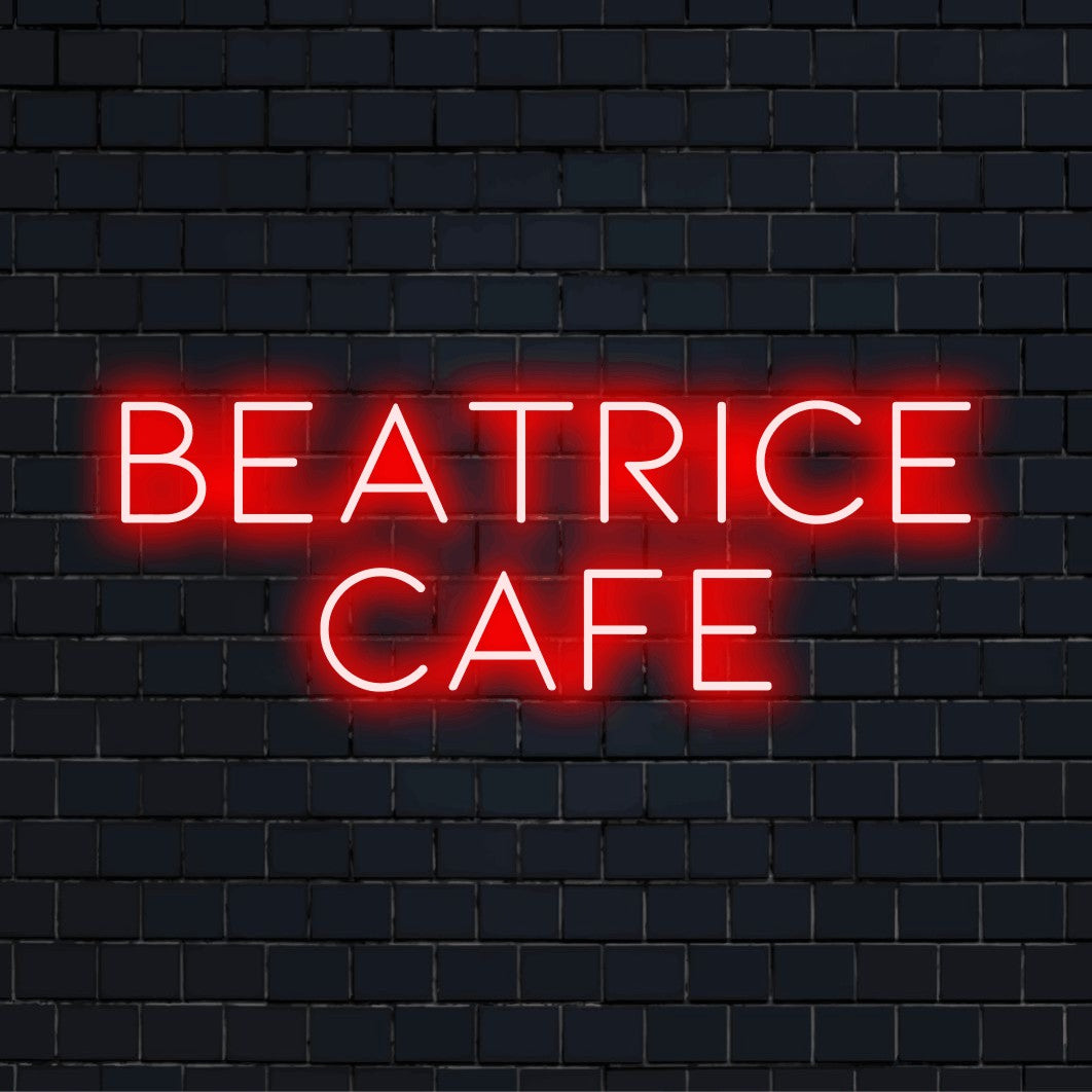 Beatrice Cafe Custom Name Neon Sign, bright neon glow against brick backdrop
