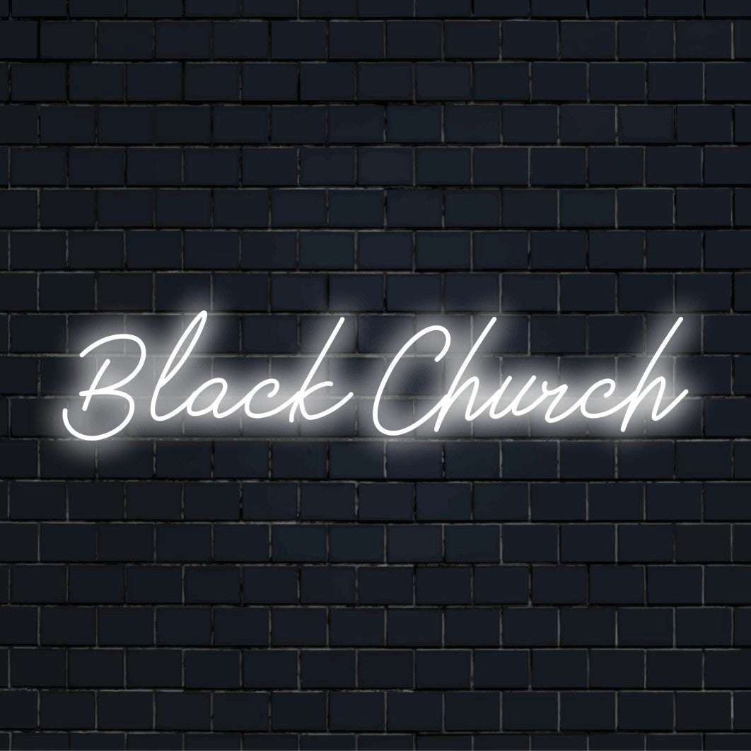 Black Church LED Neon Sign, neon text light on dark brick wall