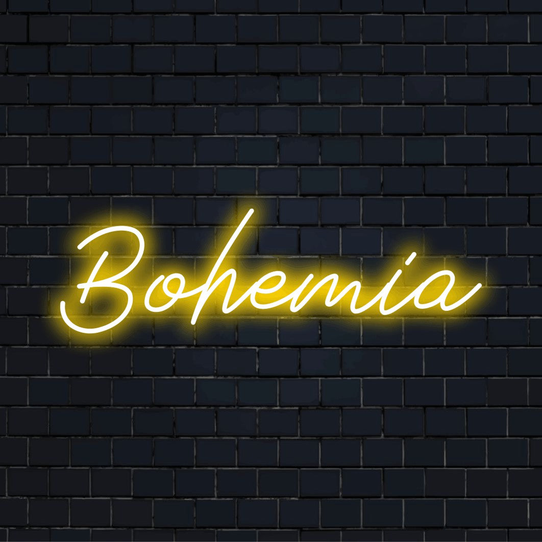 Bohemia Neon Sign, glowing lettering on black brick background