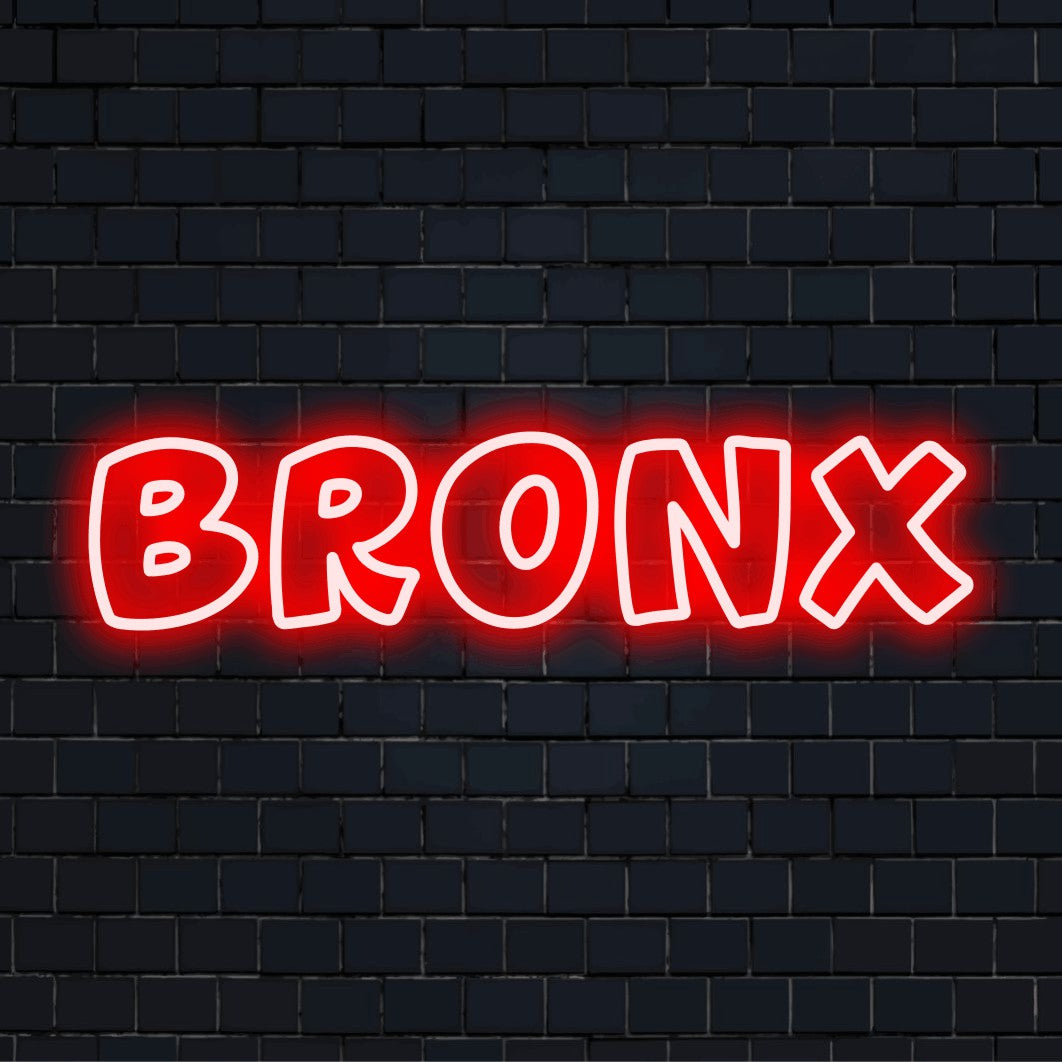Bronx Neon Light with bright LED glow on dark brick background