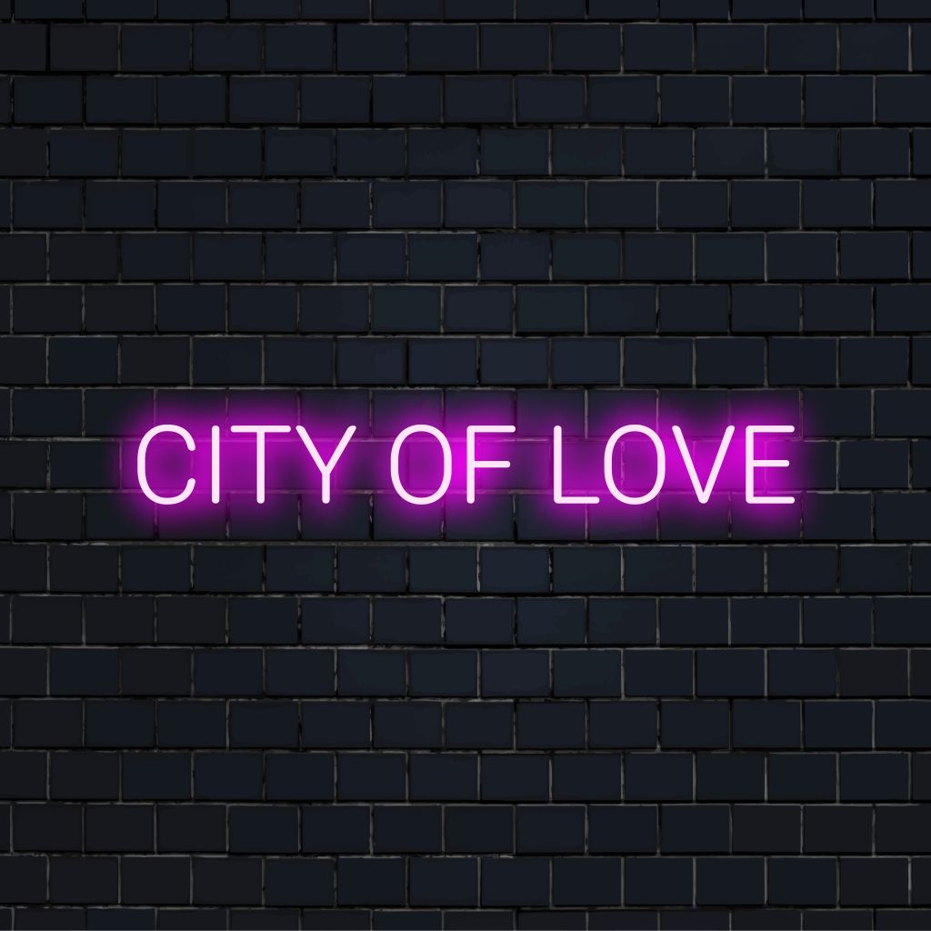 City Of Love Neon Sign, soft neon glow on dark brick wall