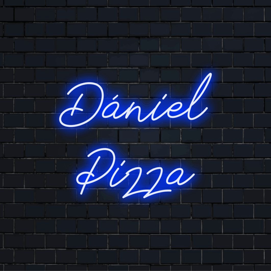 Daniel Pizza Personalized Neon Light with neon text light against brick backdrop