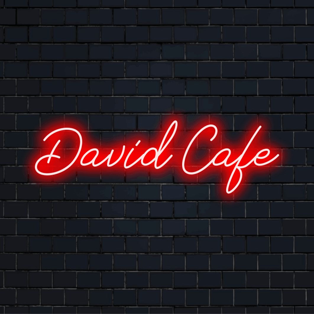 David Cafe Personalized LED Neon Sign, glowing wall decor against brick backdrop