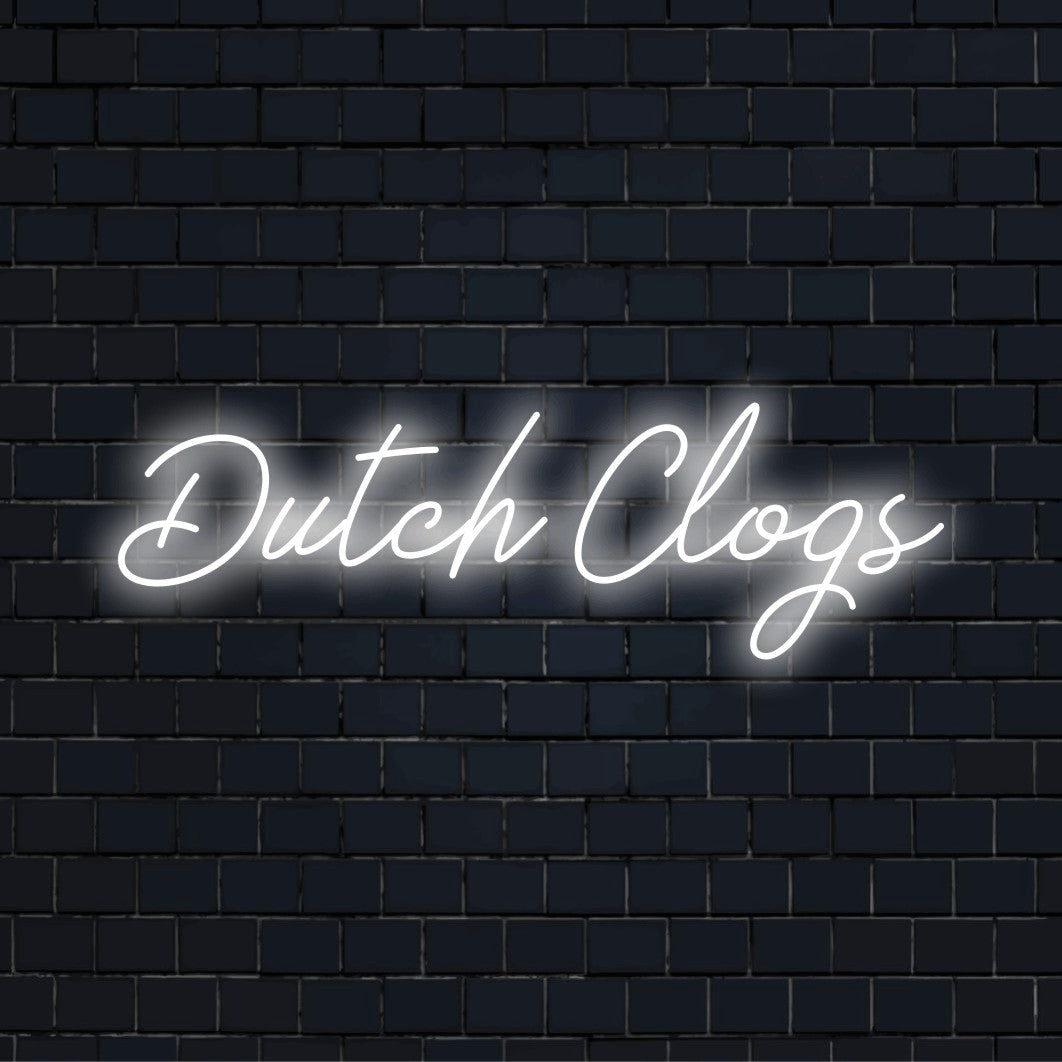 Dutch Clogs Neon Sign, bright neon glow on dark brick background