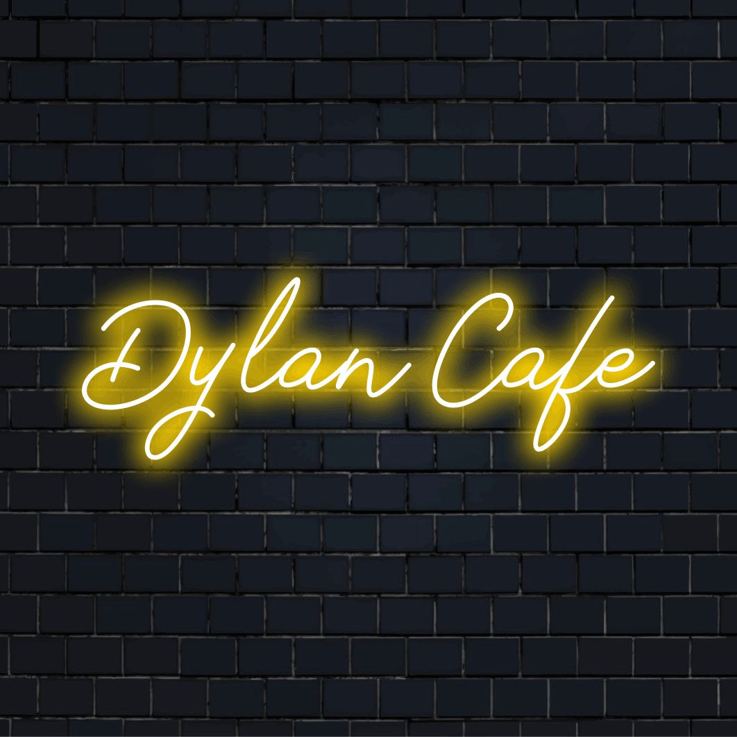 Dylan Cafe Custom Name Neon Sign, soft neon glow against brick backdrop