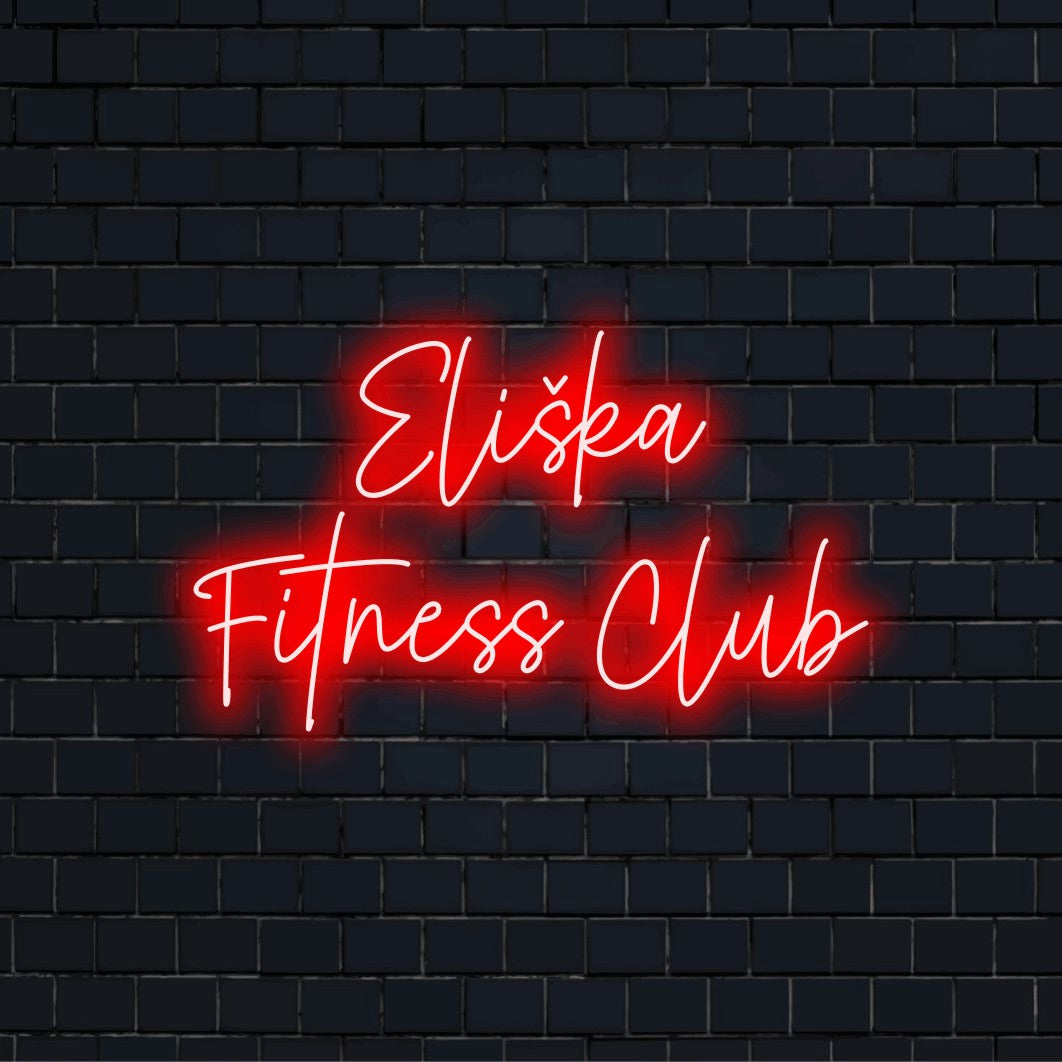 Eliska Fitness Club Personalized LED Neon Sign, bright neon lettering against brick backdrop