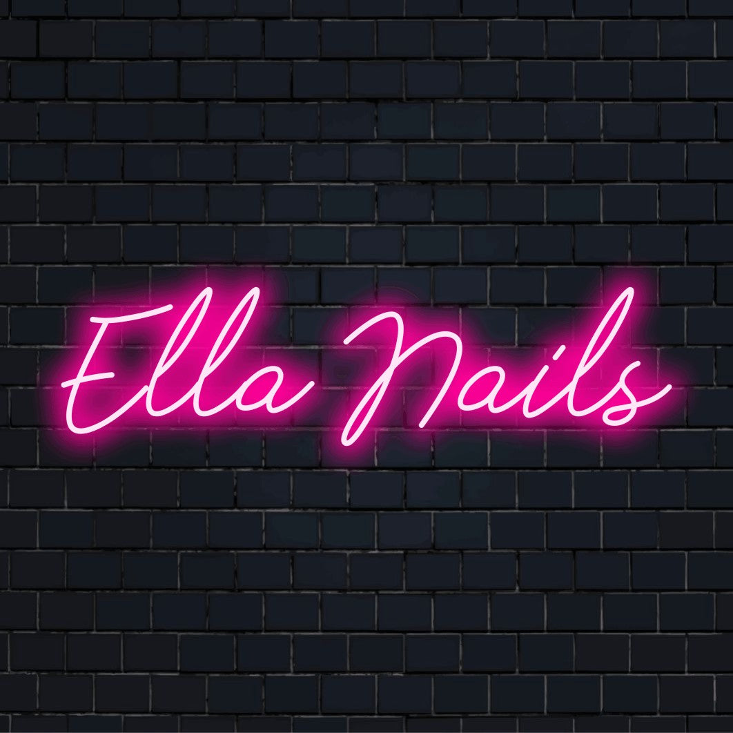 Ella Nails Personalized LED Neon Sign, glowing wall decor against black brick wall
