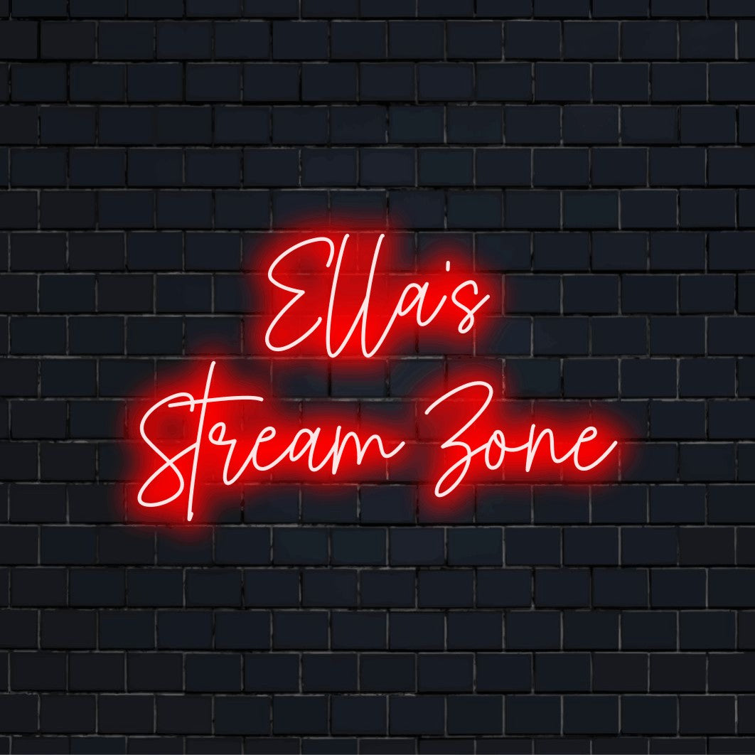 Ella_s Stream Zone Custom Name Neon Sign, glowing lettering against brick backdrop