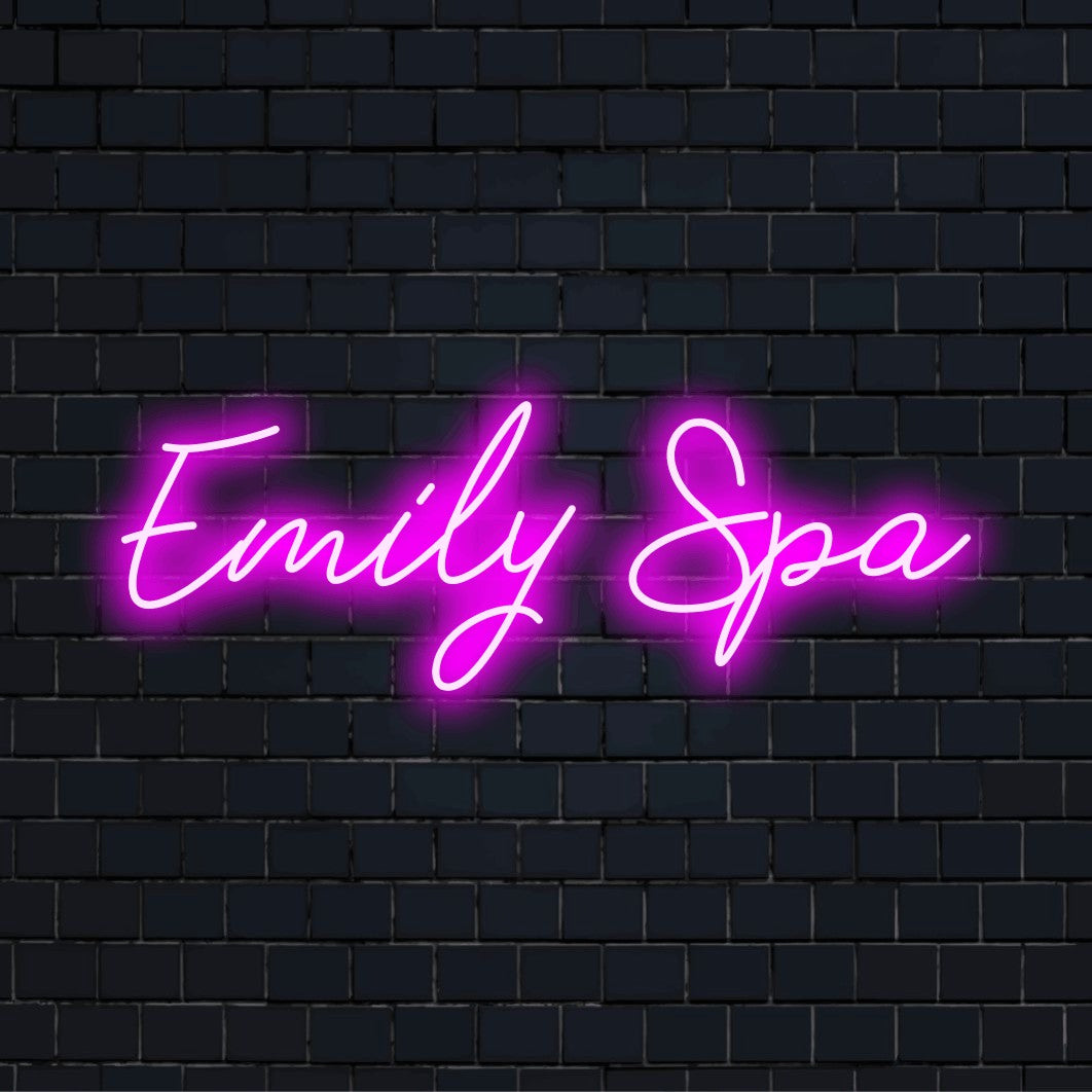 Emily Spa Personalized Neon Light with bright LED glow against brick backdrop