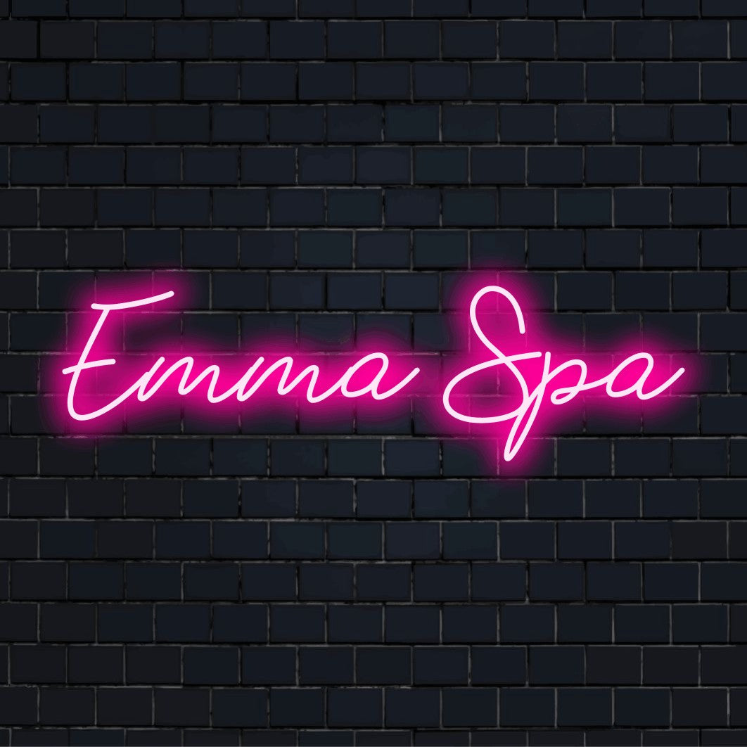 Emma Spa Custom Name Neon Sign, bright neon glow on black brick background