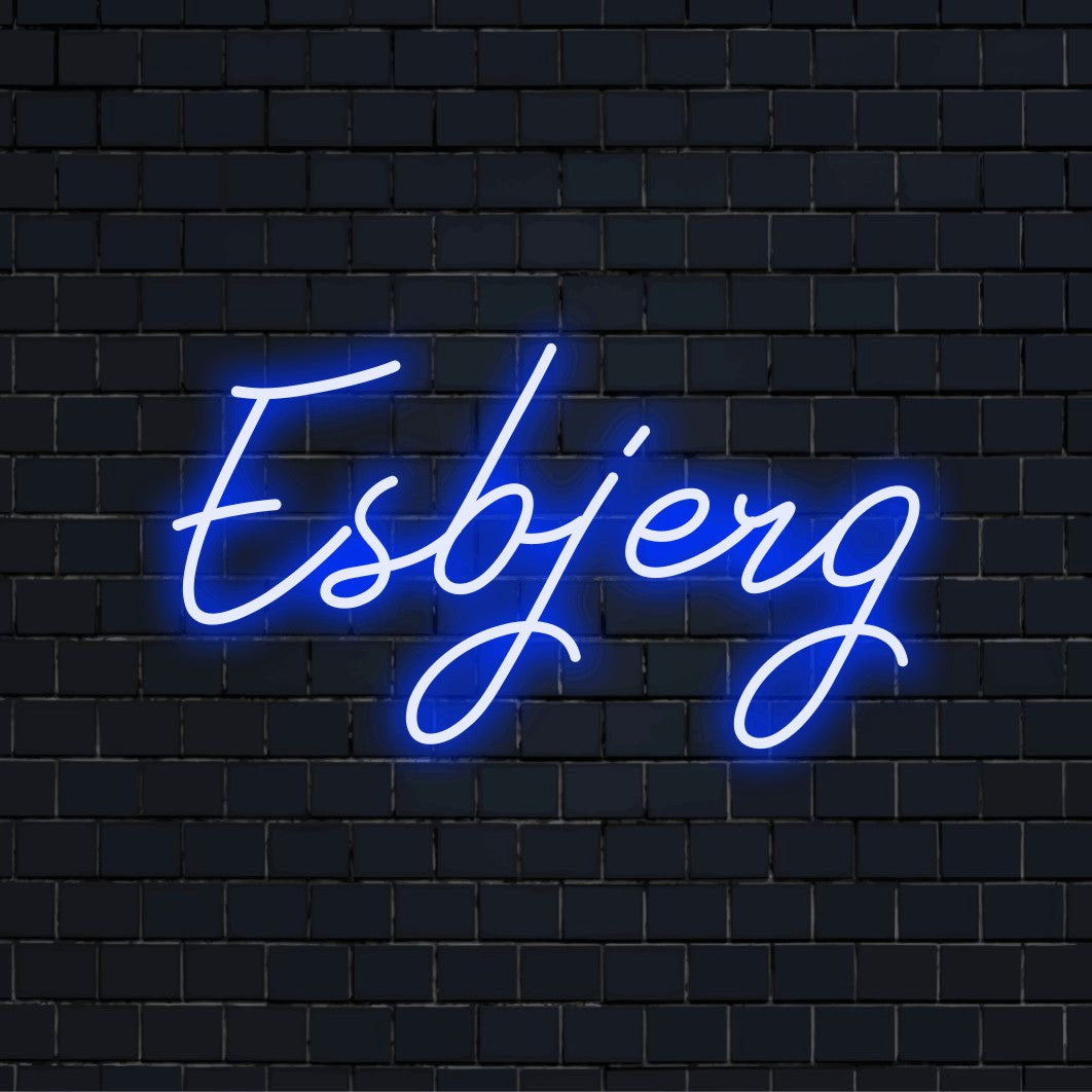 Esbjerg LED Neon Sign, glowing wall decor on dark brick wall
