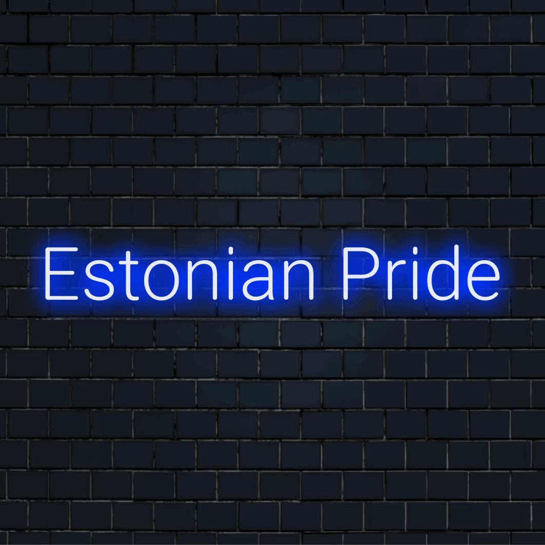 Estonian Pride LED Neon Sign, glowing neon text against brick backdrop