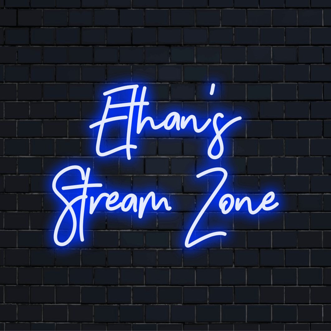 Ethan_s Stream Zone Custom Name Neon Sign, neon text light on dark brick wall