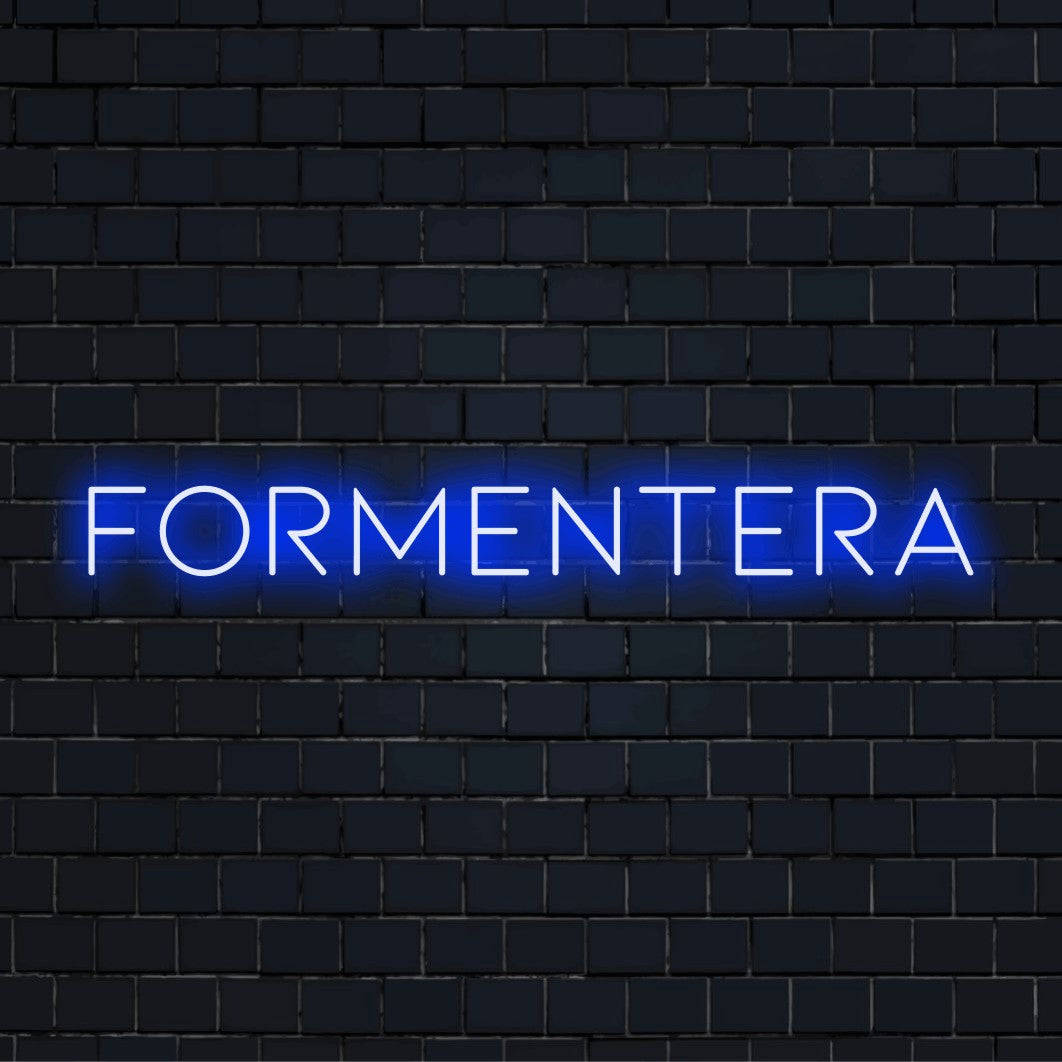 Formentera LED Neon Sign, neon text light on dark brick wall