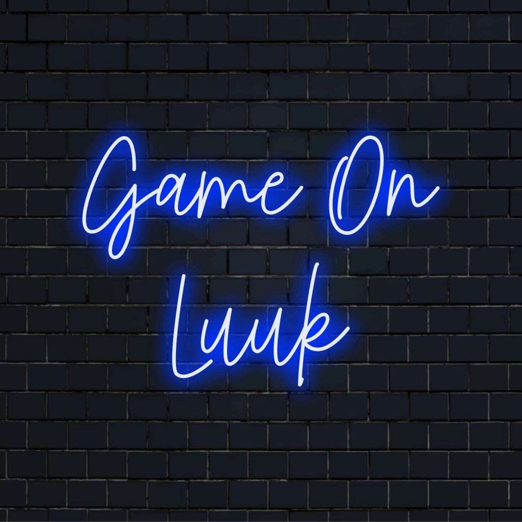 Game On Luuk Personalized LED Neon Sign, soft neon glow on black brick background