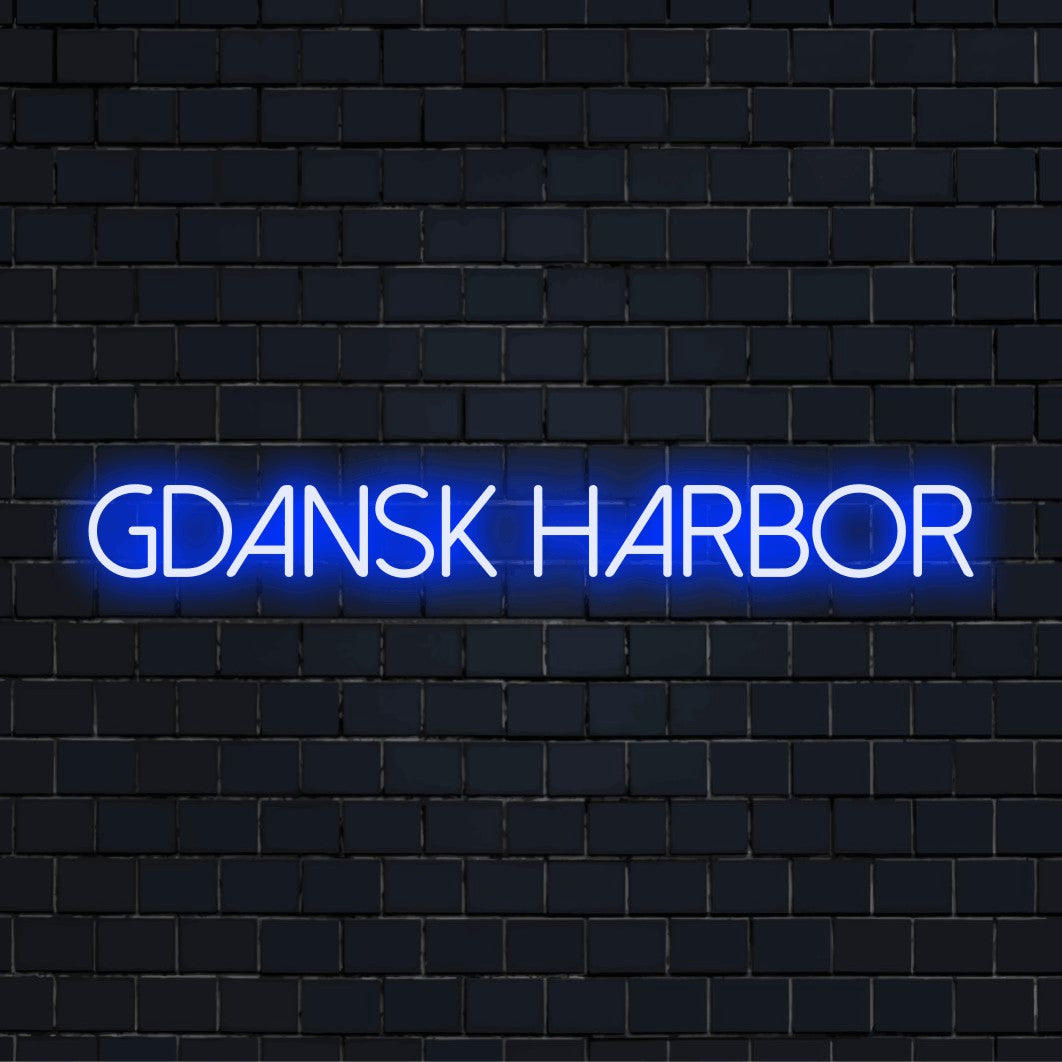 Gdansk Harbor Neon Sign, glowing wall decor on dark brick wall