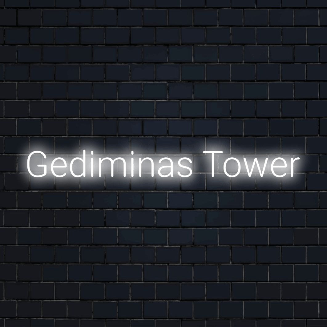Gediminas Tower Neon Sign, bright LED glow on dark brick background