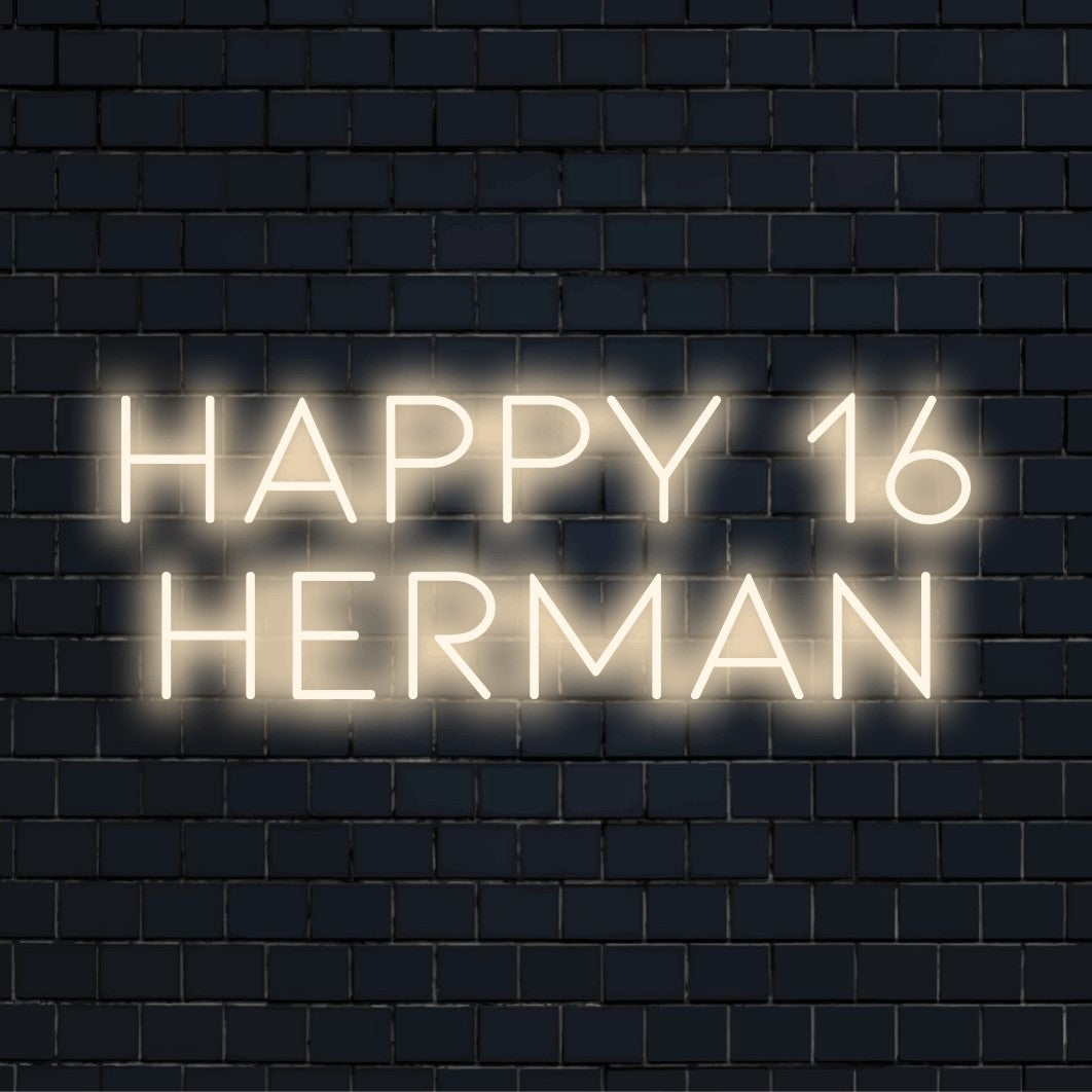 Happy 16 Herman Personalized LED Neon Sign, soft neon glow against brick backdrop