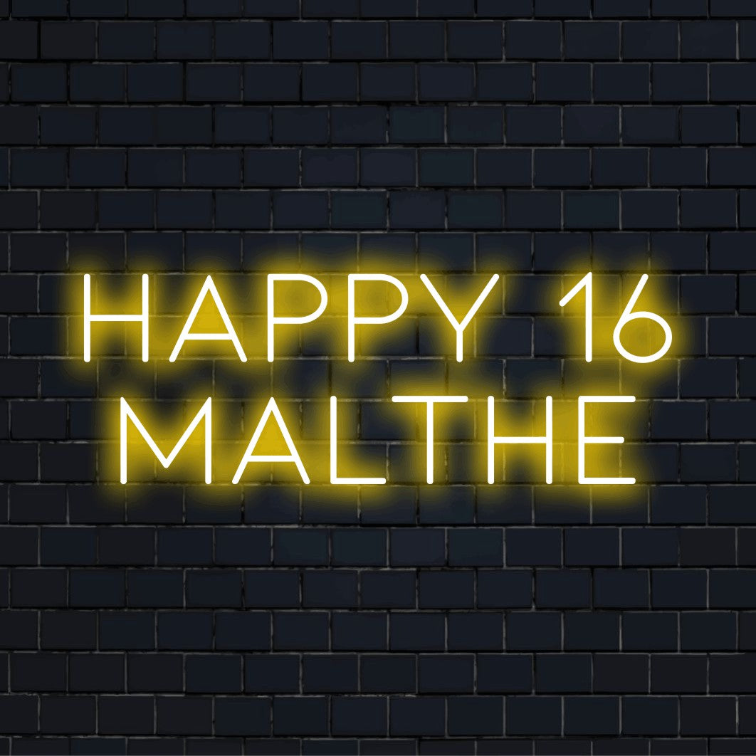 Happy 16 Malthe Personalized Neon Light with bright neon glow against brick backdrop