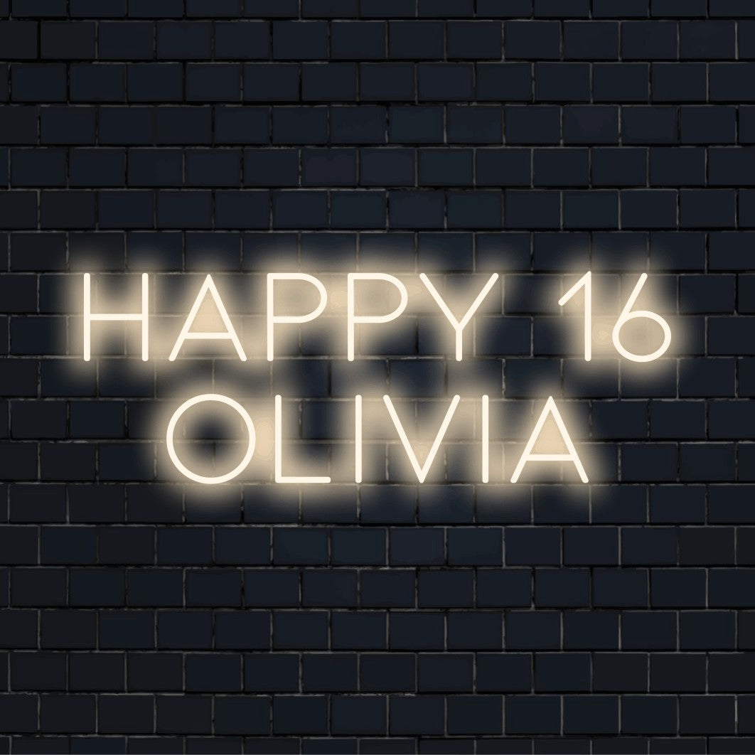 Happy 16 Olivia Personalized Neon Light with bright LED glow on black brick background