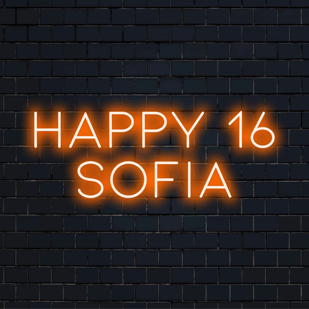 Happy 16 Sofia Custom Name Neon Sign, glowing lettering against black brick wall