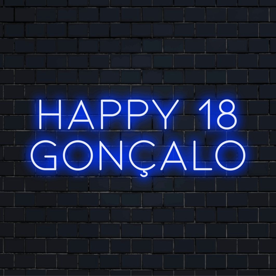 Happy 18 Goncalo Custom Name Neon Sign, glowing wall decor on dark brick wall