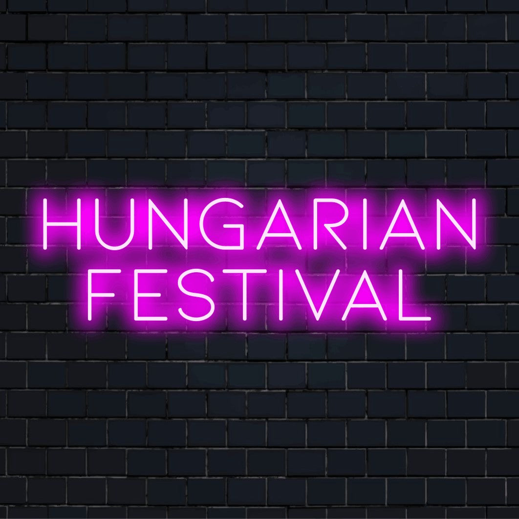Hungarian Festival Neon Light with glowing neon text on black brick background