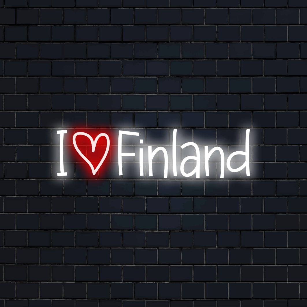 I Love Finland LED Neon Sign, bright neon lettering on dark brick background