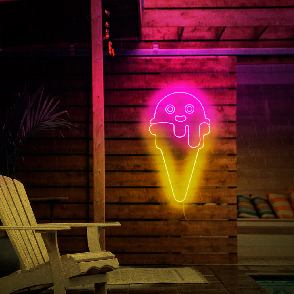 Jäätelön neonkyltti jälkiruoka-aiheiseen sisustukseen, joka säteilee elävää ja kiehtovaa valoa.