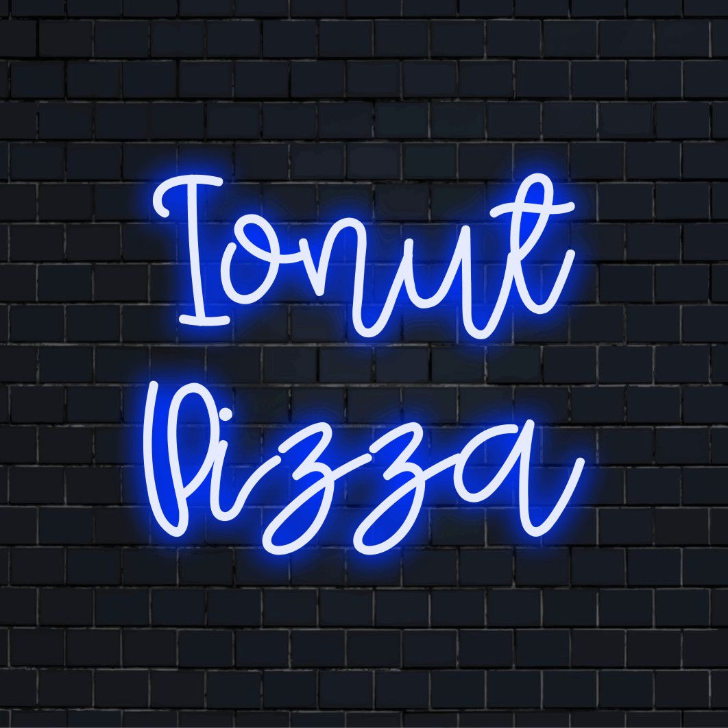 Ionut Pizza Custom Name Neon Sign, bright neon lettering on dark brick background