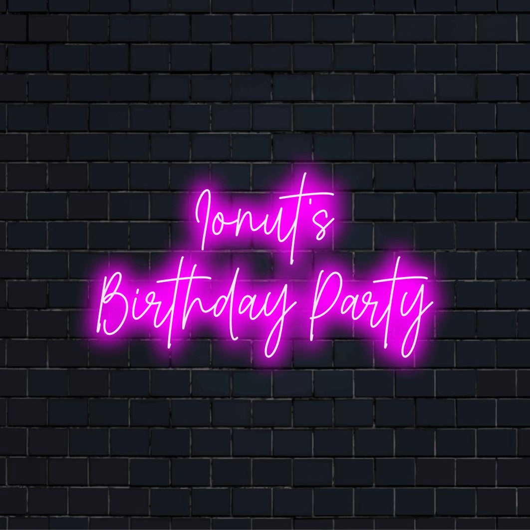 Ionut_s Birthday Party Personalized Neon Light with soft neon glow against brick backdrop