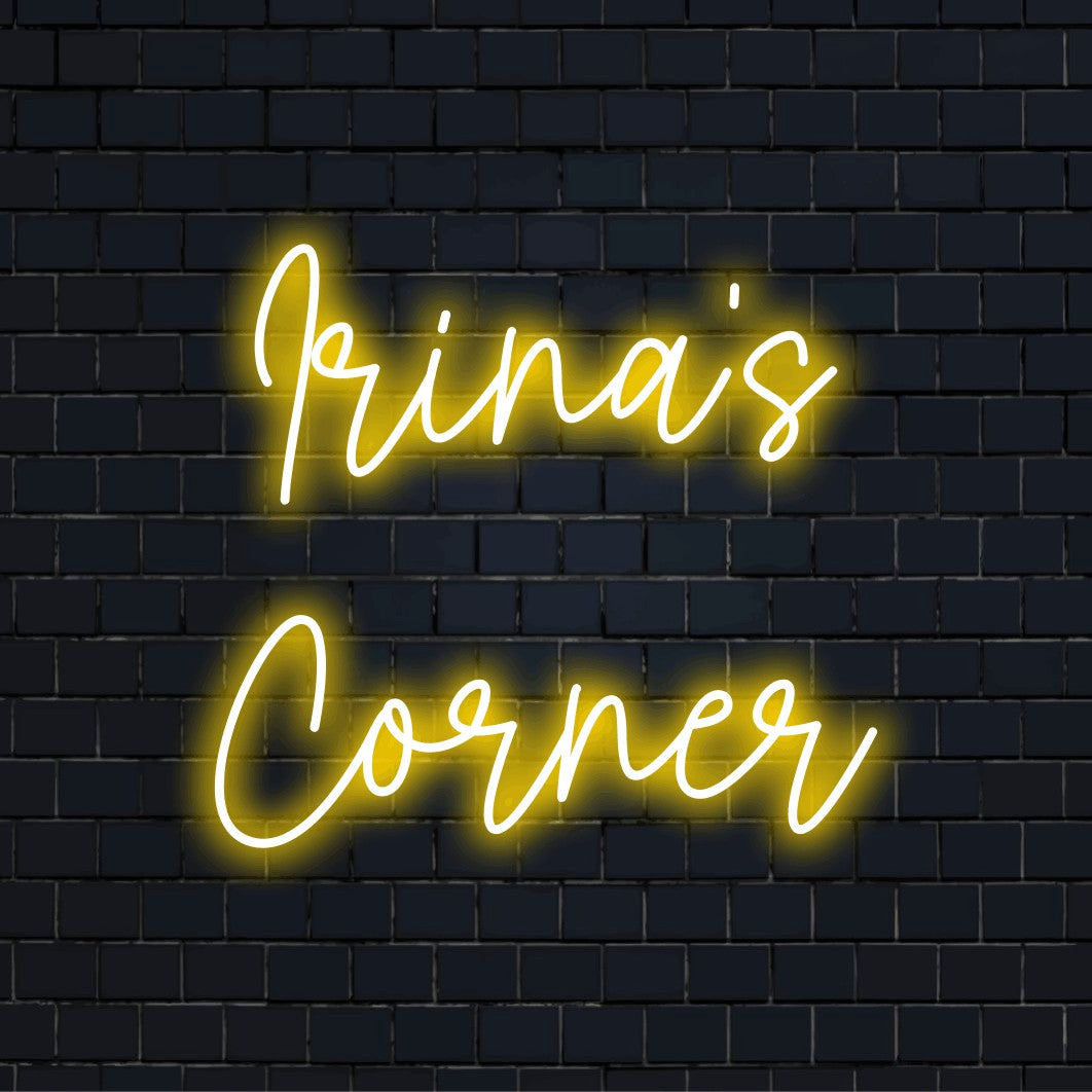 Irina_s Corner Personalized LED Neon Sign, bright neon lettering against brick backdrop