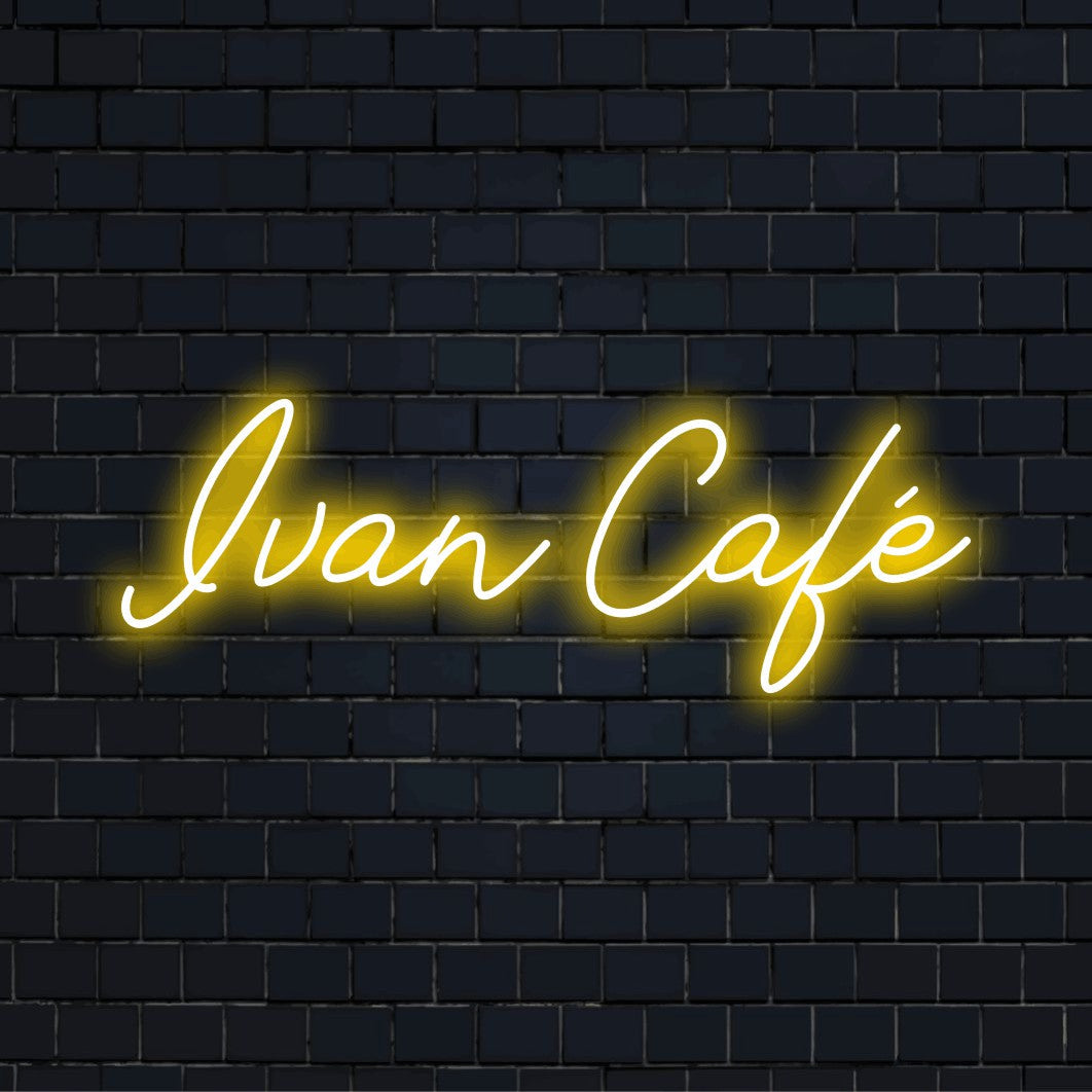 Ivan Cafe Custom Name Neon Sign, neon text light on black brick background