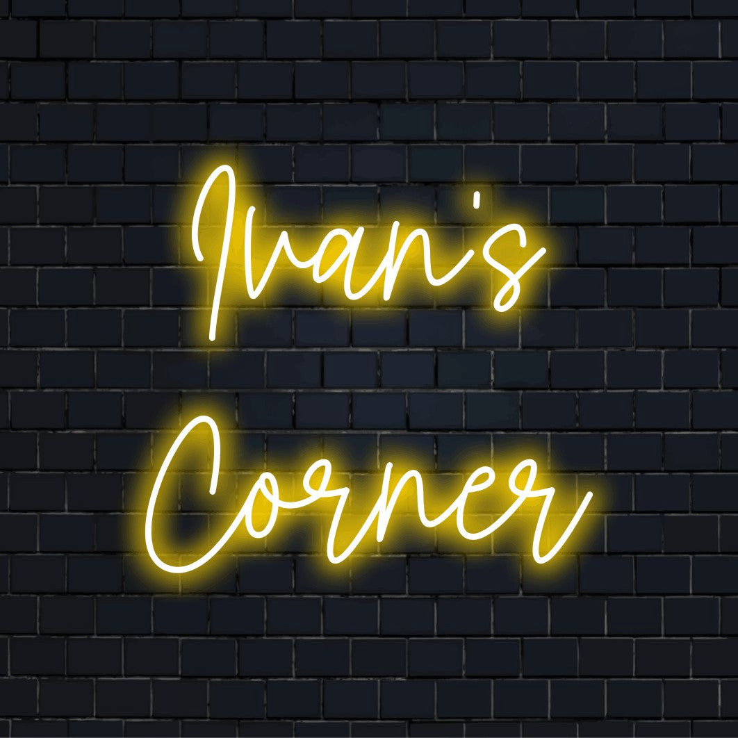 Ivan_s Corner Custom Name Neon Sign, glowing neon text on dark brick wall