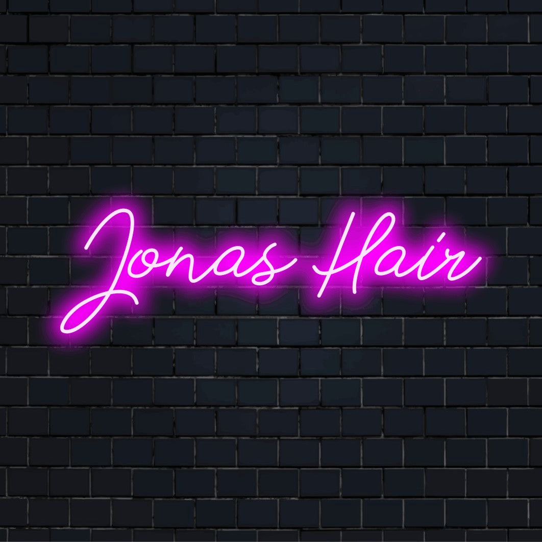 Jonas Hair Personalized Neon Light with neon text light on black brick background