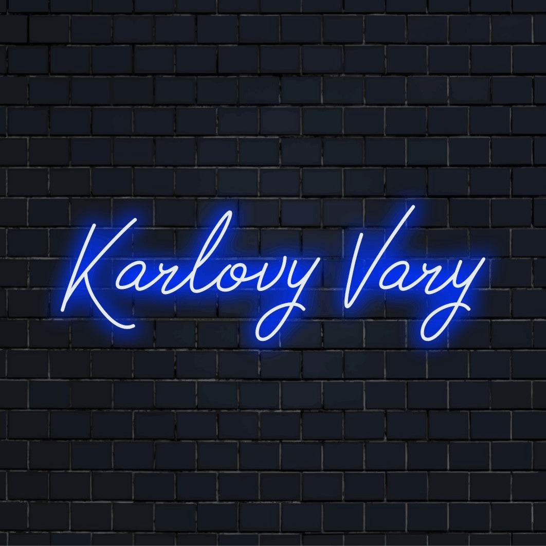 Karlovy Vary LED Neon Sign, bright neon lettering on dark brick background