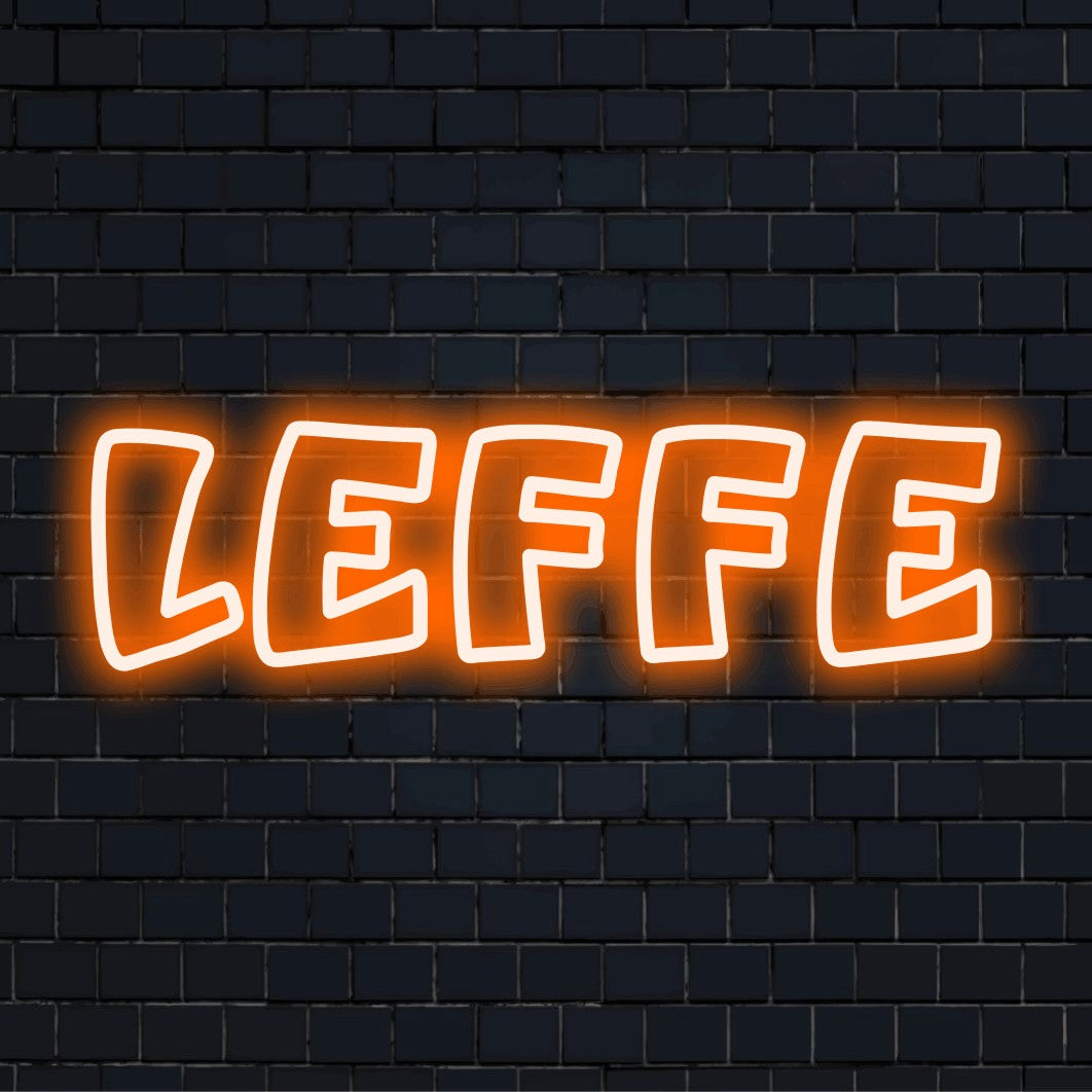 Leffe LED Neon Sign, glowing lettering on black brick background