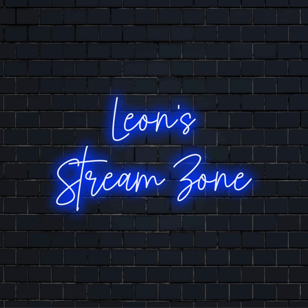 Leon_s Stream Zone Personalized LED Neon Sign, bright LED glow on dark brick background